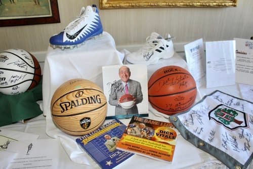 Basketball memorabilia and a Coaches vs. Cancer display